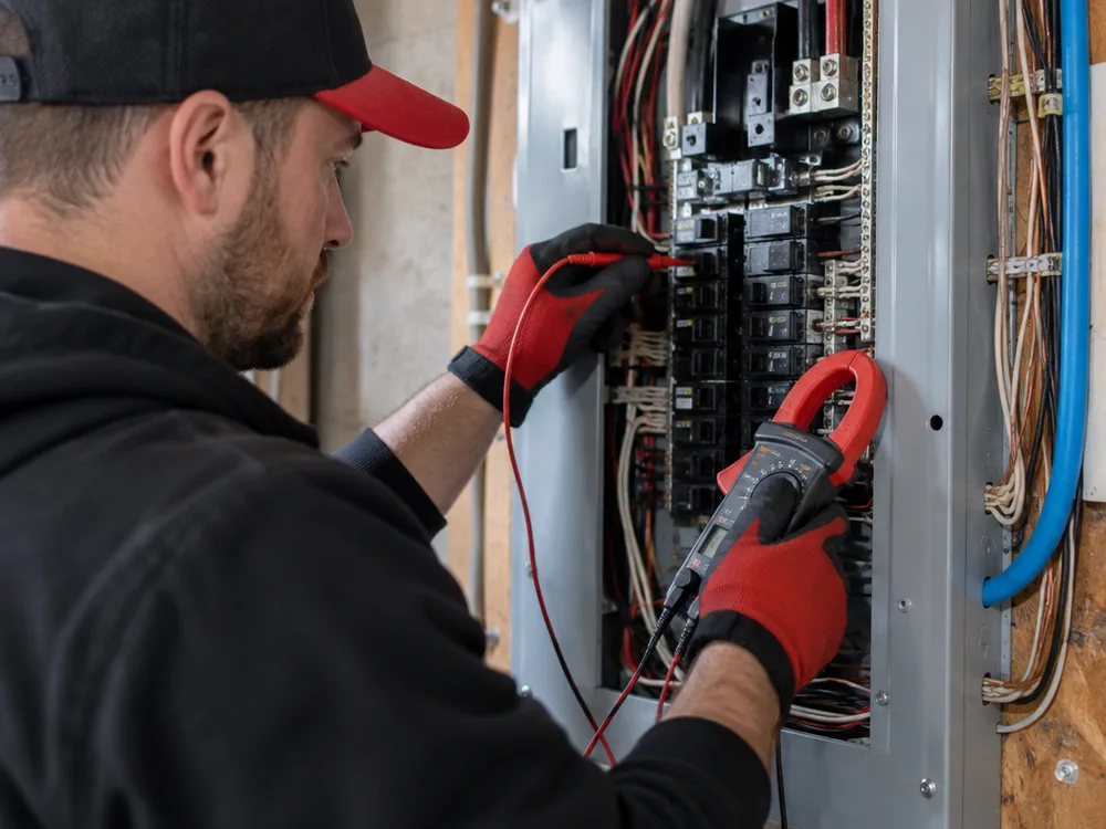 Electrician measuring current inside a breaker panel during a panel upgrade