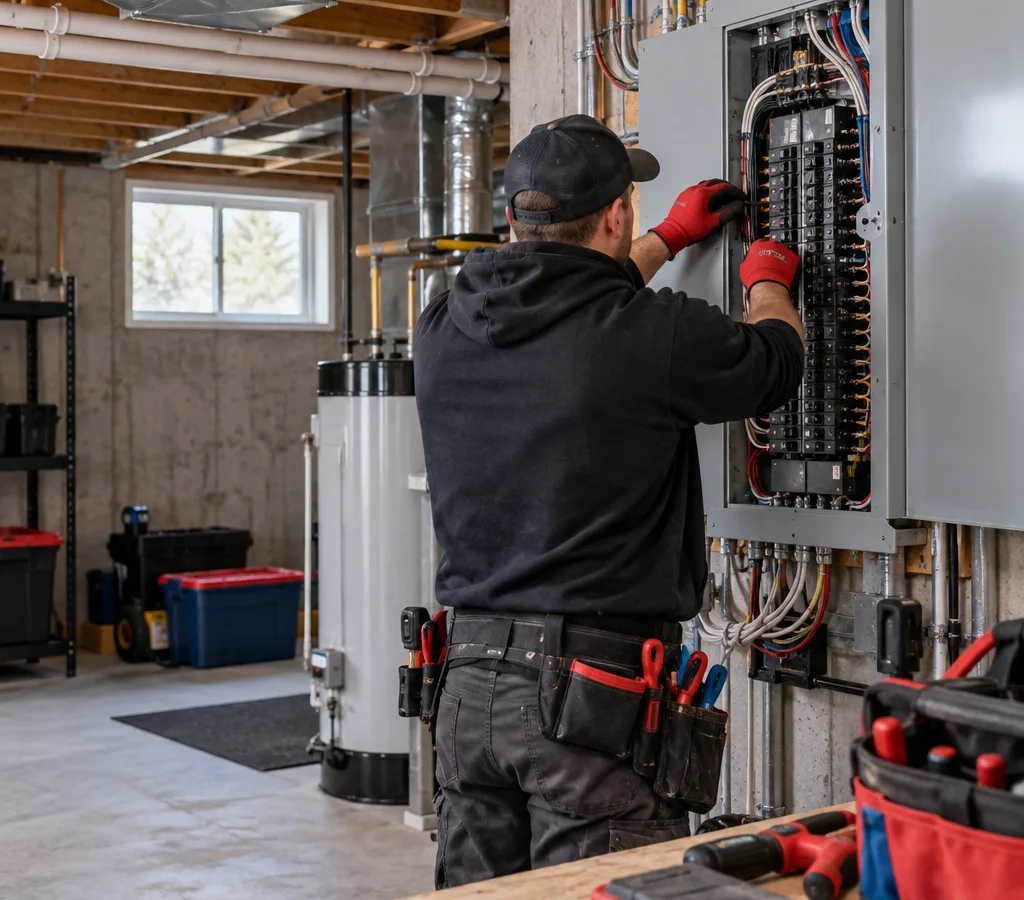 Electrician working on a breaker panel to add an EV charger circuit