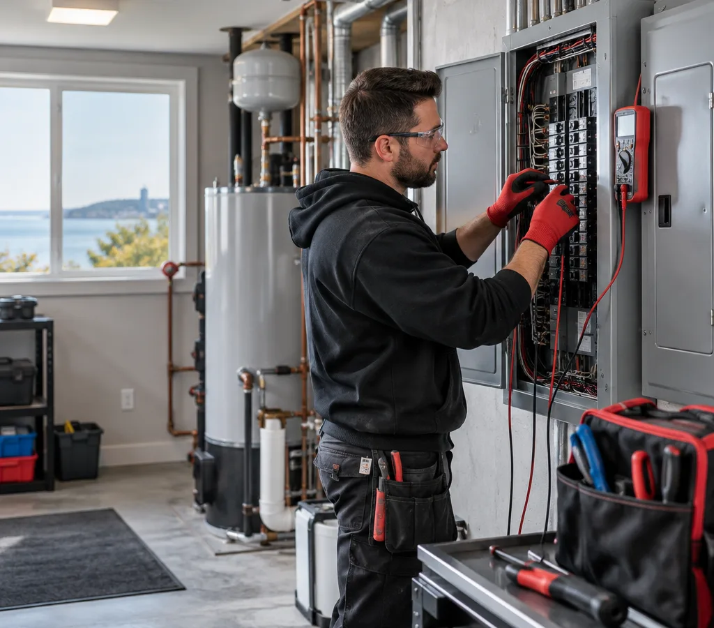 Electrician checking breakers in a residential panel before a generator hookup