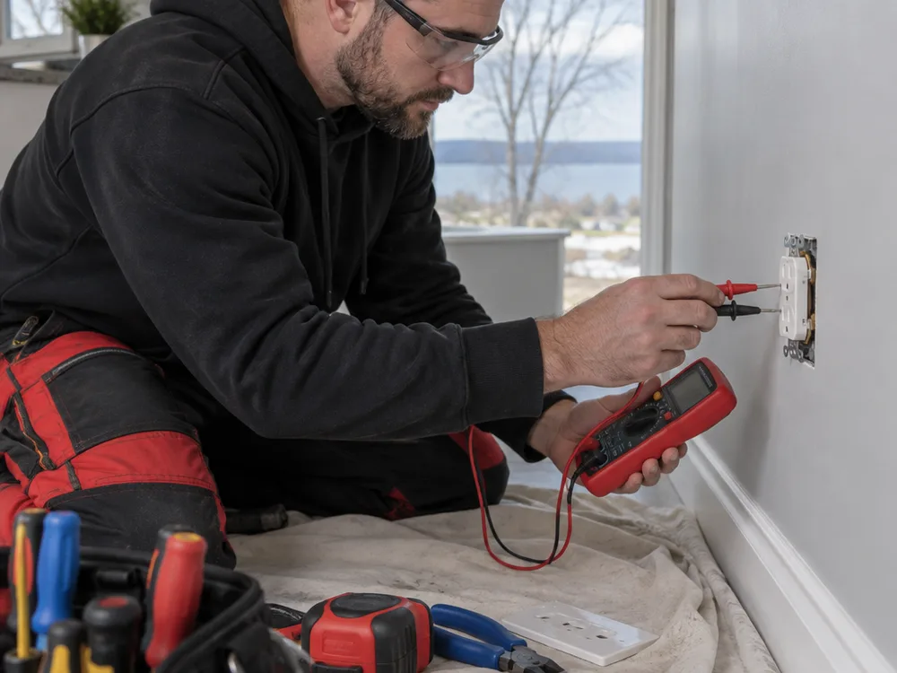 Electrician testing an outlet while checking older home wiring