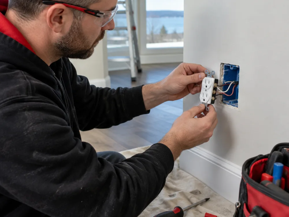 Lighting contractor installing and testing a wall switch and outlet
