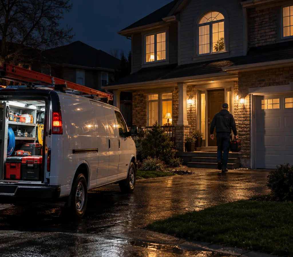 Home exterior lit up at night with an electrician's van in the driveway