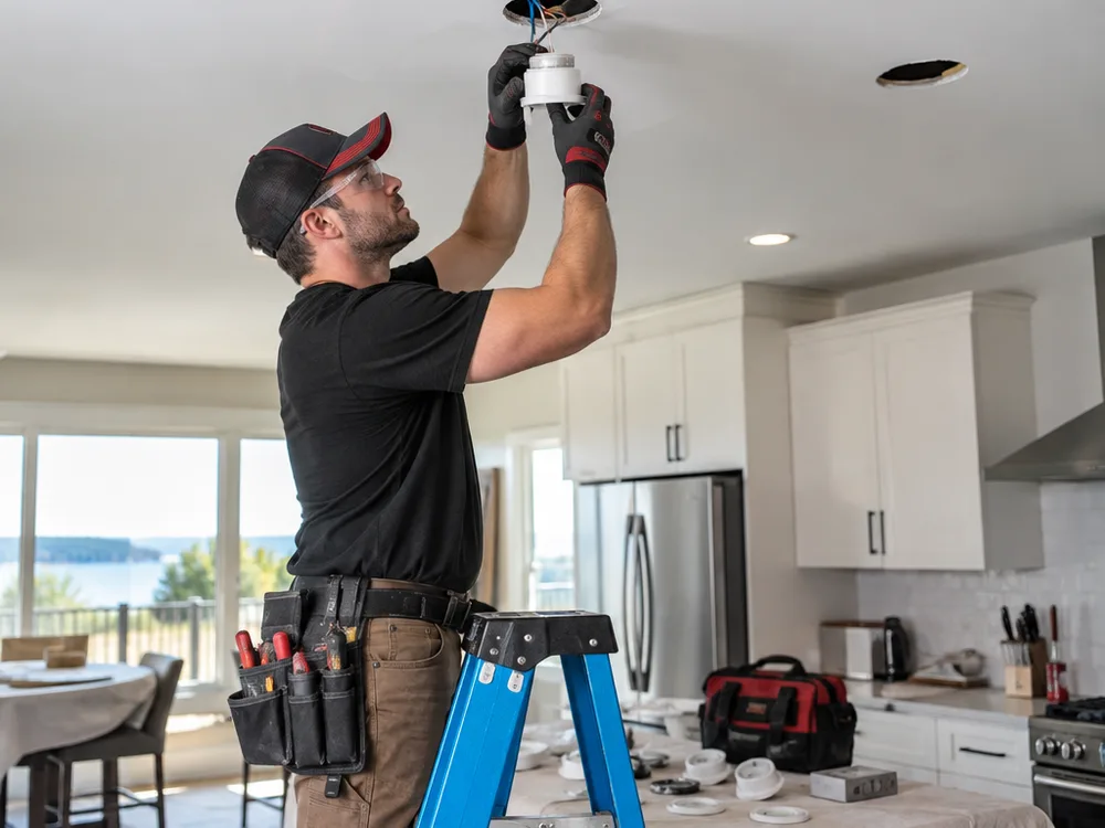 Electrician installing a ceiling light in a bright kitchen
