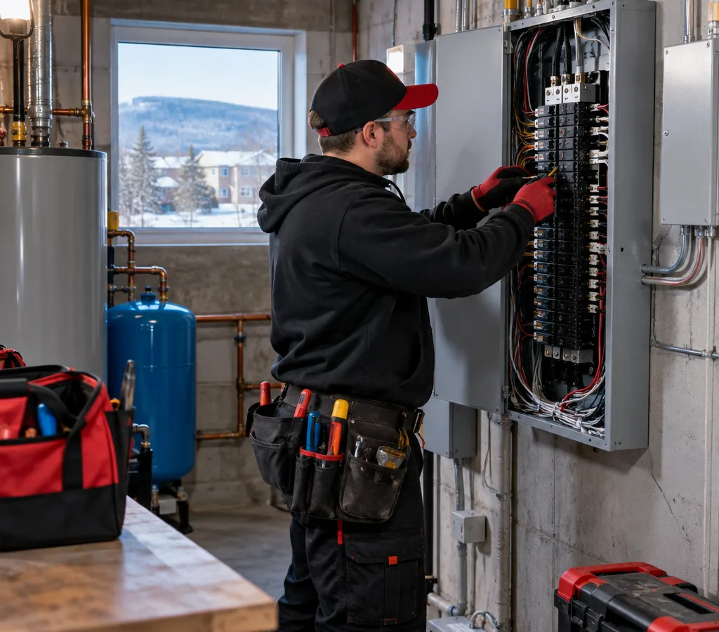 Electrician working on a panel in a utility room